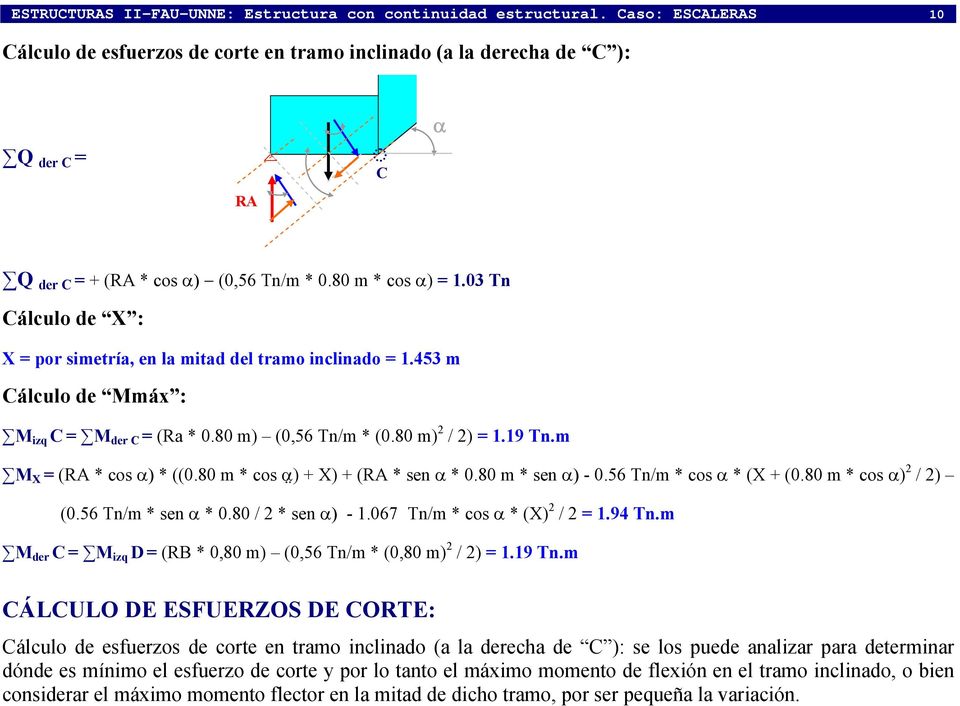 03 Tn Cálculo de X : X = por simetría, en la mitad del tramo inclinado = 1.453 m Cálculo de Mmáx : M izq C = M der C = (Ra * 0.80 m) (0,56 Tn/m * (0.80 m) 2 / 2) = 1.19 Tn.m M X = (RA * cos α) * ((0.
