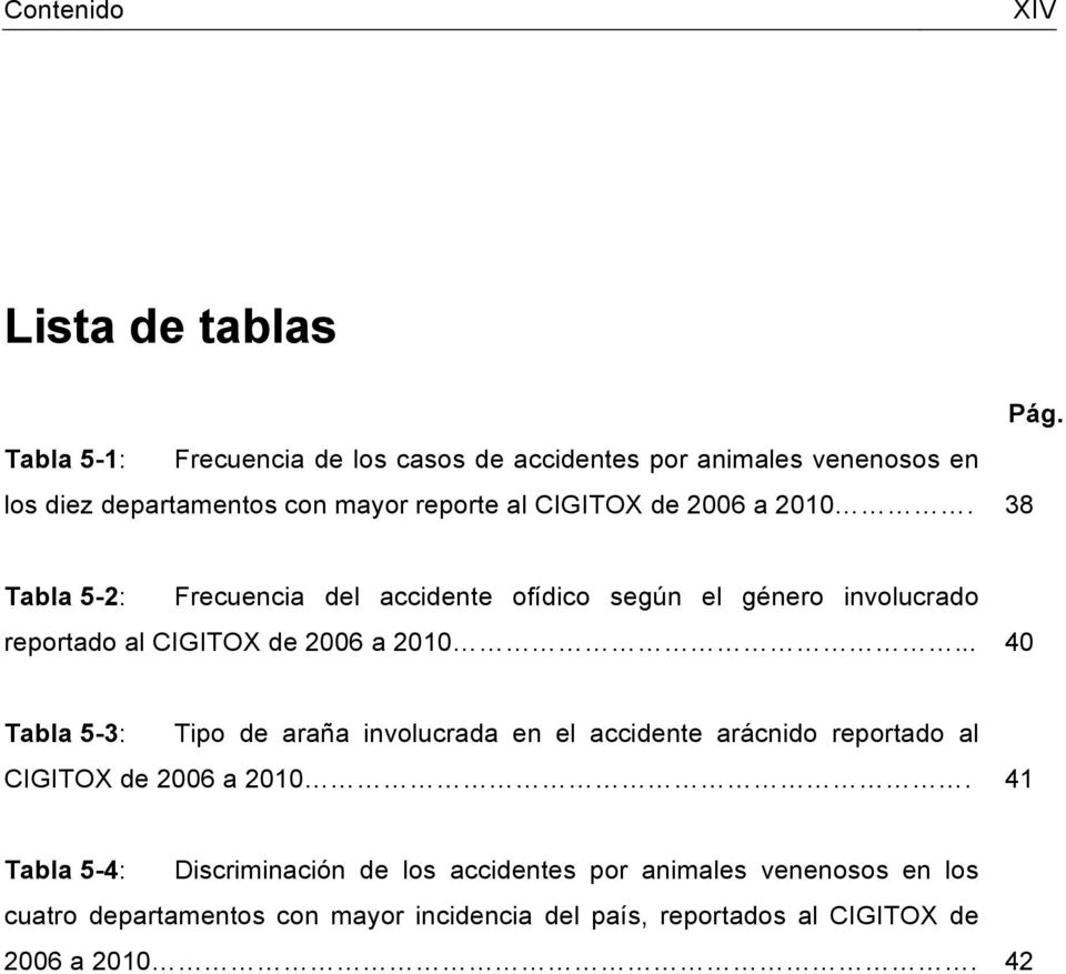 38 Tabla 5-2: Frecuencia del accidente ofídico según el género involucrado reportado al CIGITOX de 2006 a 2010.