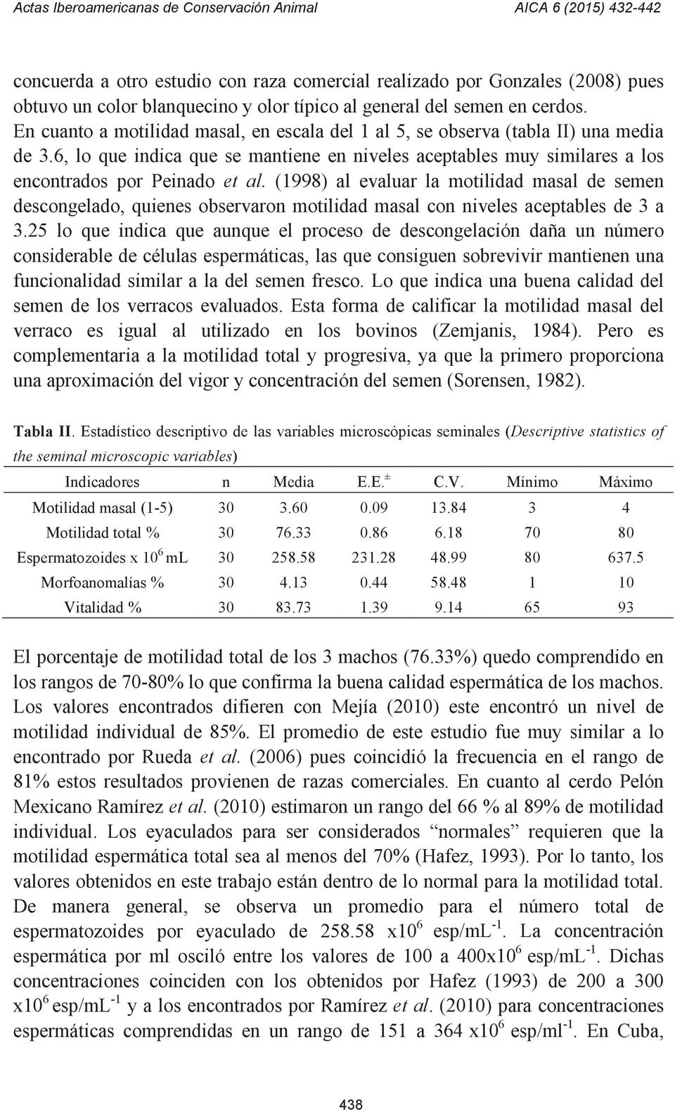 (1998) al evaluar la motilidad masal de semen descongelado, quienes observaron motilidad masal con niveles aceptables de 3 a 3.