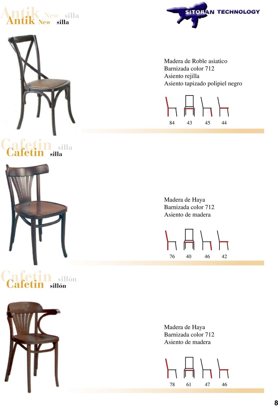 silla Madera de Haya Barnizada color 712 Asiento de madera 76 40 46 42 Cafetin