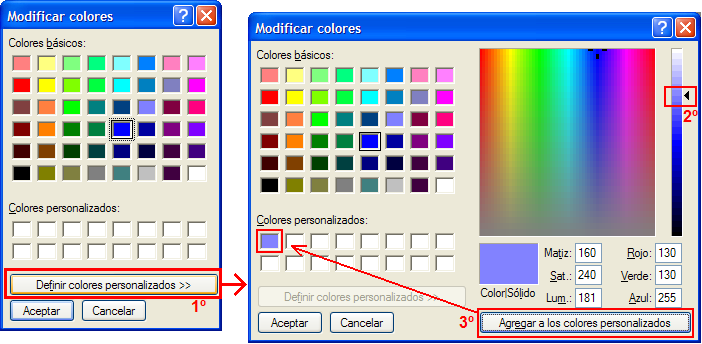 Para ello, elegimos un color (Ej: azul) entre los 28 iniciales, picamos dos veces sobre él con el botón derecho del ratón y nos aparecen las pantallas para modificar: 1º Pulsamos en Definir colores