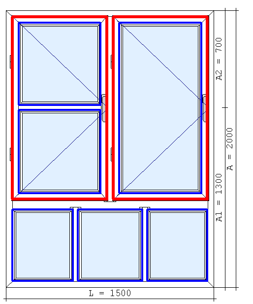 El bastidor principal de marco forma cinco huecos físicos, los tres inferiores, marcados en azul, están ocupados por acristalamientos, y los dos superiores, marcados en rojo, están ocupados por