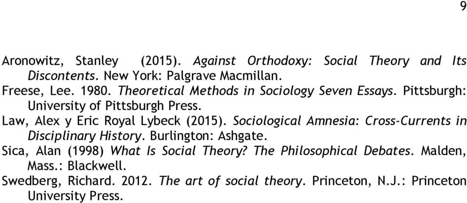Sociological Amnesia: Cross-Currents in Disciplinary History. Burlington: Ashgate. Sica, Alan (1998) What Is Social Theory?