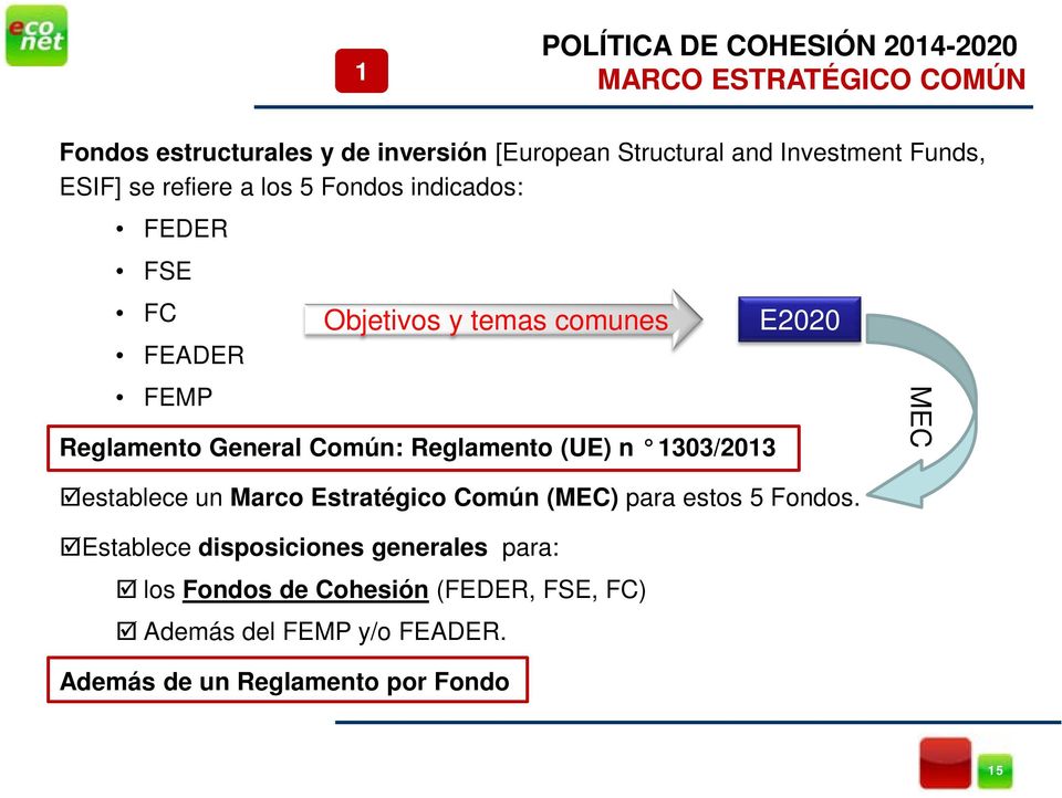 General Común: Reglamento (UE) n 1303/2013 establece un Marco Estratégico Común (MEC) para estos 5 Fondos.