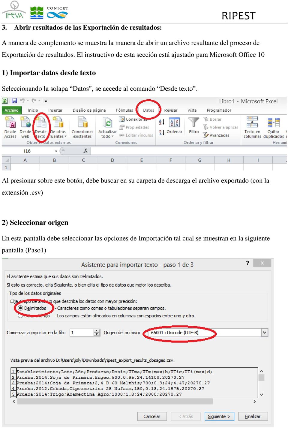 El instructivo de esta sección está ajustado para Microsoft Office 10 1) Importar datos desde texto Seleccionando la solapa Datos, se accede al