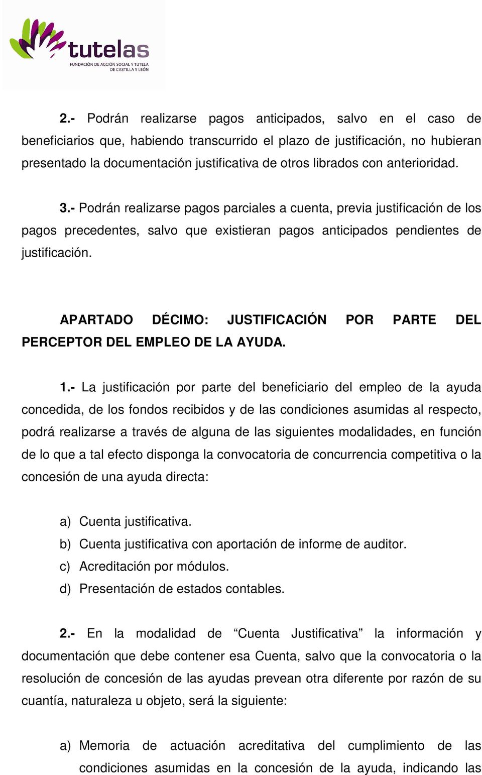 APARTADO DÉCIMO: JUSTIFICACIÓN POR PARTE DEL PERCEPTOR DEL EMPLEO DE LA AYUDA. 1.
