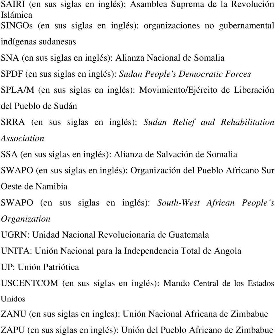siglas en inglés): Sudan Relief and Rehabilitation Association SSA (en sus siglas en inglés): Alianza de Salvación de Somalia SWAPO (en sus siglas en inglés): Organización del Pueblo Africano Sur