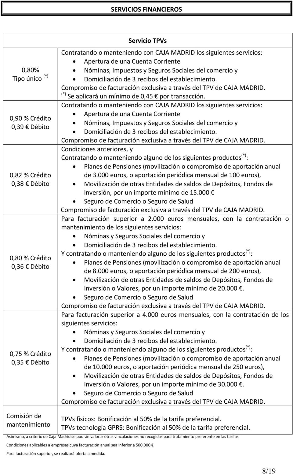 Compromiso de facturación exclusiva a través del TPV de CAJA MADRID. (*) Se aplicará un mínimo de 0,45 por transacción.