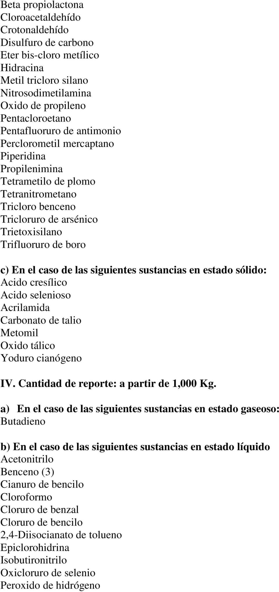 siguientes sustancias en estado sólido: Acido cresílico Acido selenioso Acrilamida Carbonato de talio Metomil Oxido tálico Yoduro cianógeno IV. Cantidad de reporte: a partir de 1,000 Kg.
