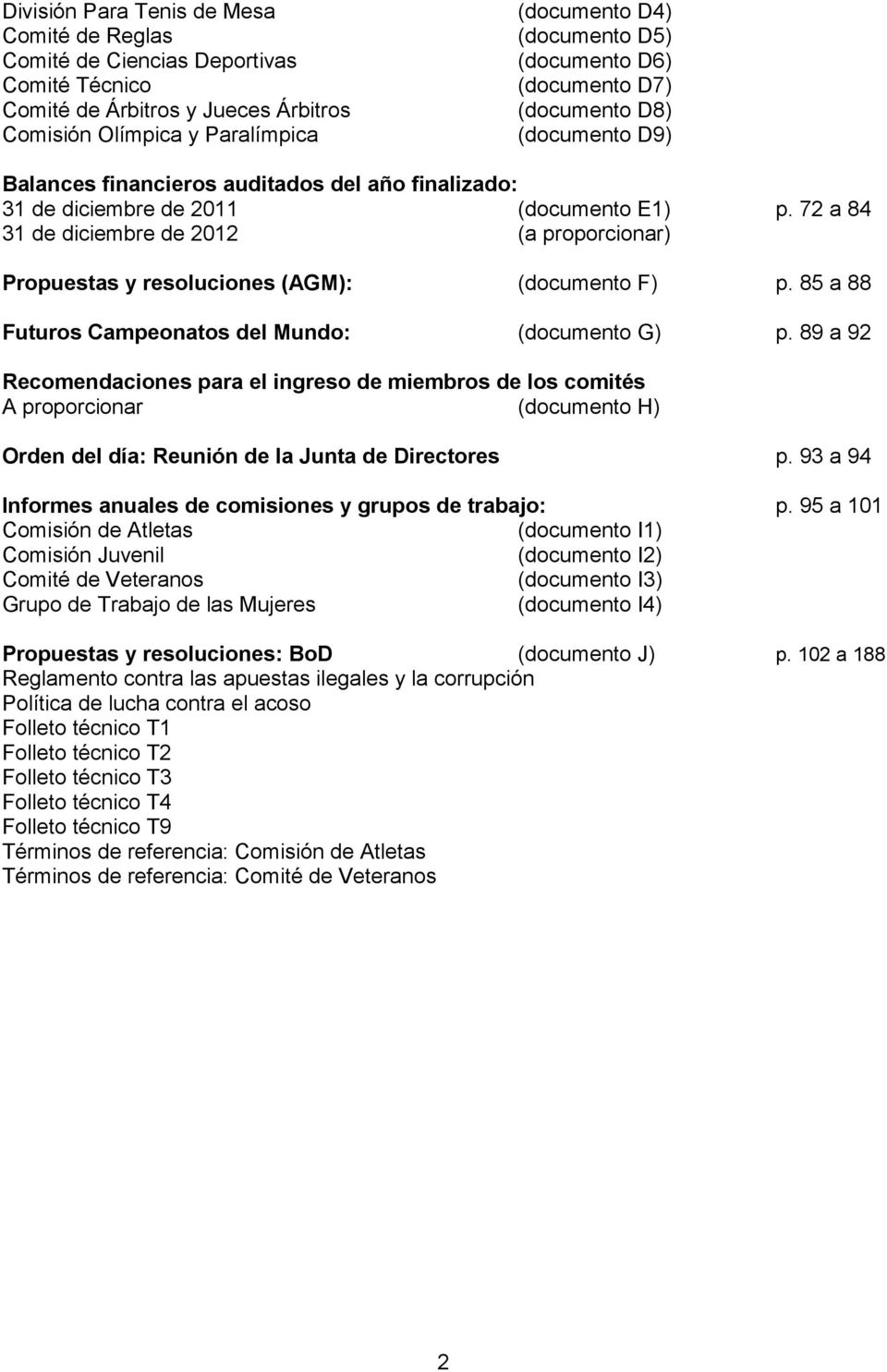 72 a 84 31 de diciembre de 2012 (a proporcionar) Propuestas y resoluciones (AGM): (documento F) p. 85 a 88 Futuros Campeonatos del Mundo: (documento G) p.