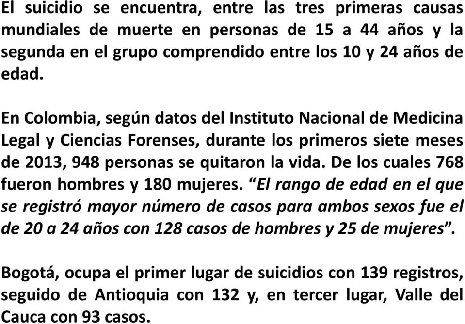 En Colombia, según datos del Instituto Nacional de Medicina Legal y Ciencias Forenses, durante los primeros siete meses de 2013, 948 personas se quitaron la vida.
