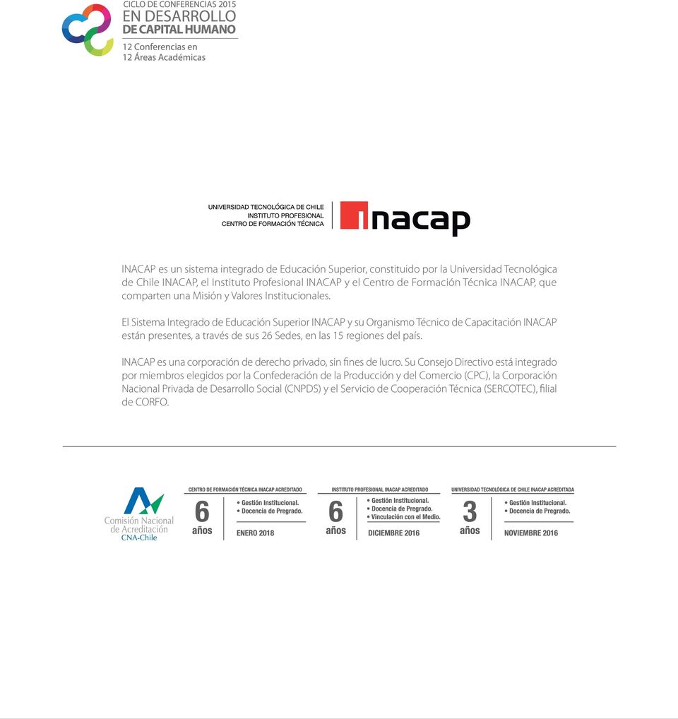 El Sistema Integrado de Educación Superior INACAP y su Organismo Técnico de Capacitación INACAP están presentes, a través de sus 26 Sedes, en las 15 regiones del país.