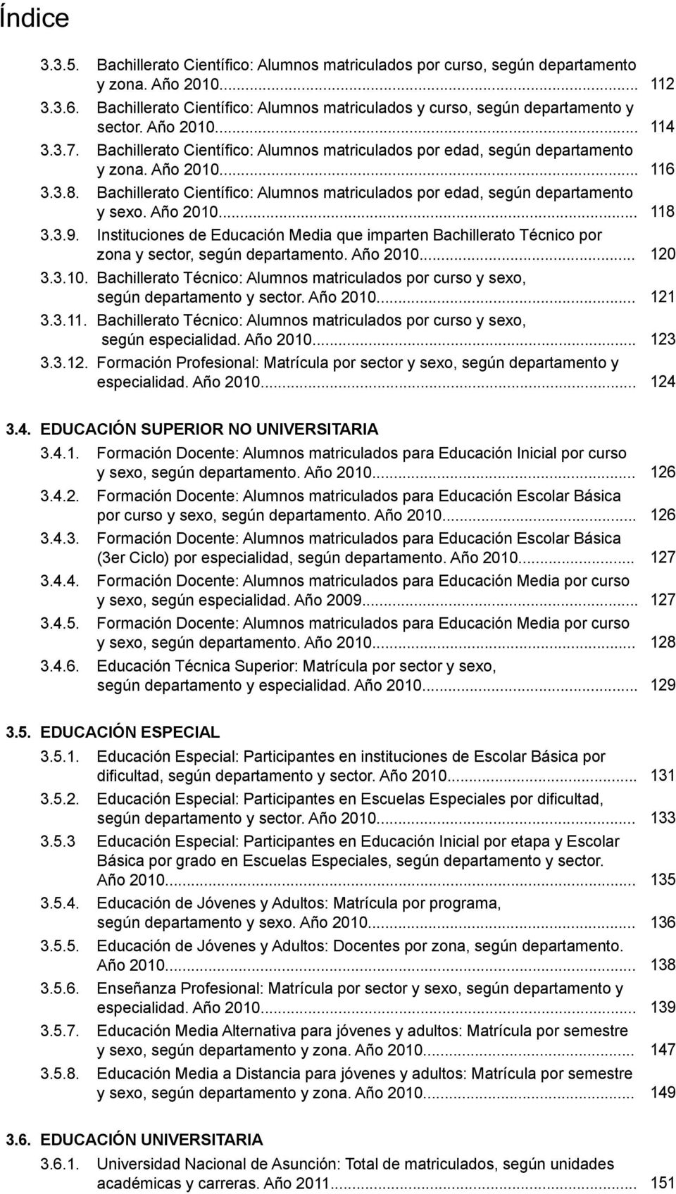 3.8. Bachillerato Científico: Alumnos matriculados por edad, según departamento y sexo. Año 2010... 118 3.3.9.