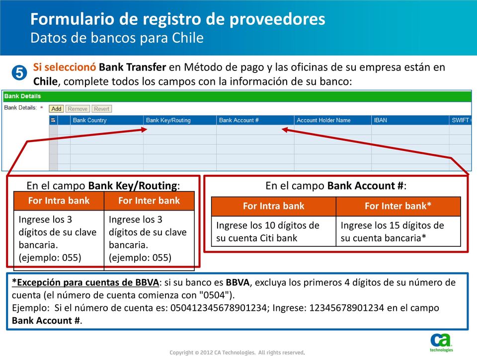 (ejemplo: 055) En el campo Bank Account #: : For Intra bank Ingrese los 10 dígitos de su cuenta Citi bank For Inter bank* Ingrese los 15 dígitos de su cuenta bancaria* *Excepción para cuentas