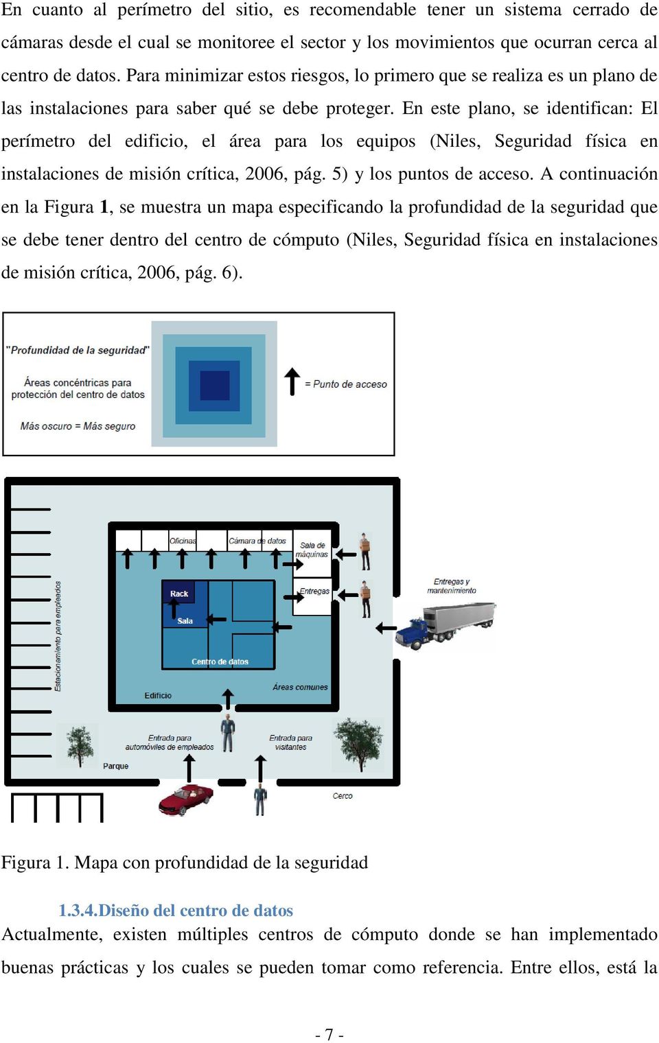 En este plano, se identifican: El perímetro del edificio, el área para los equipos (Niles, Seguridad física en instalaciones de misión crítica, 2006, pág. 5) y los puntos de acceso.