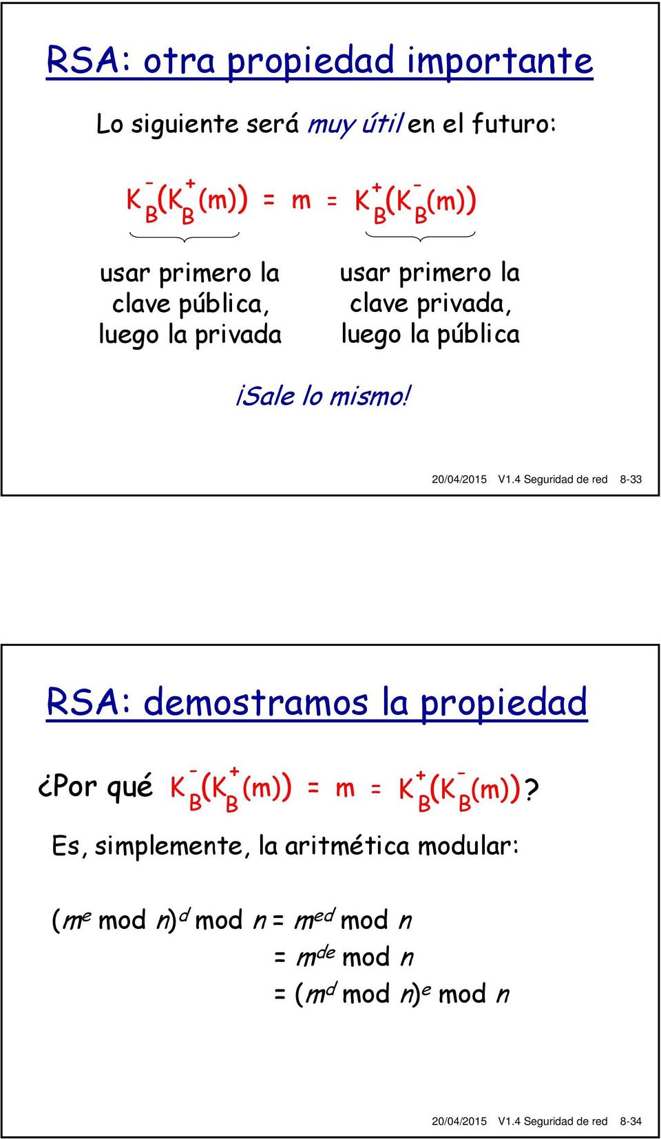 4 Seguridad de red 8-33 RSA: demostramos la propiedad - + + - Por qué K (K (m)) = m = K (K (m)) B?