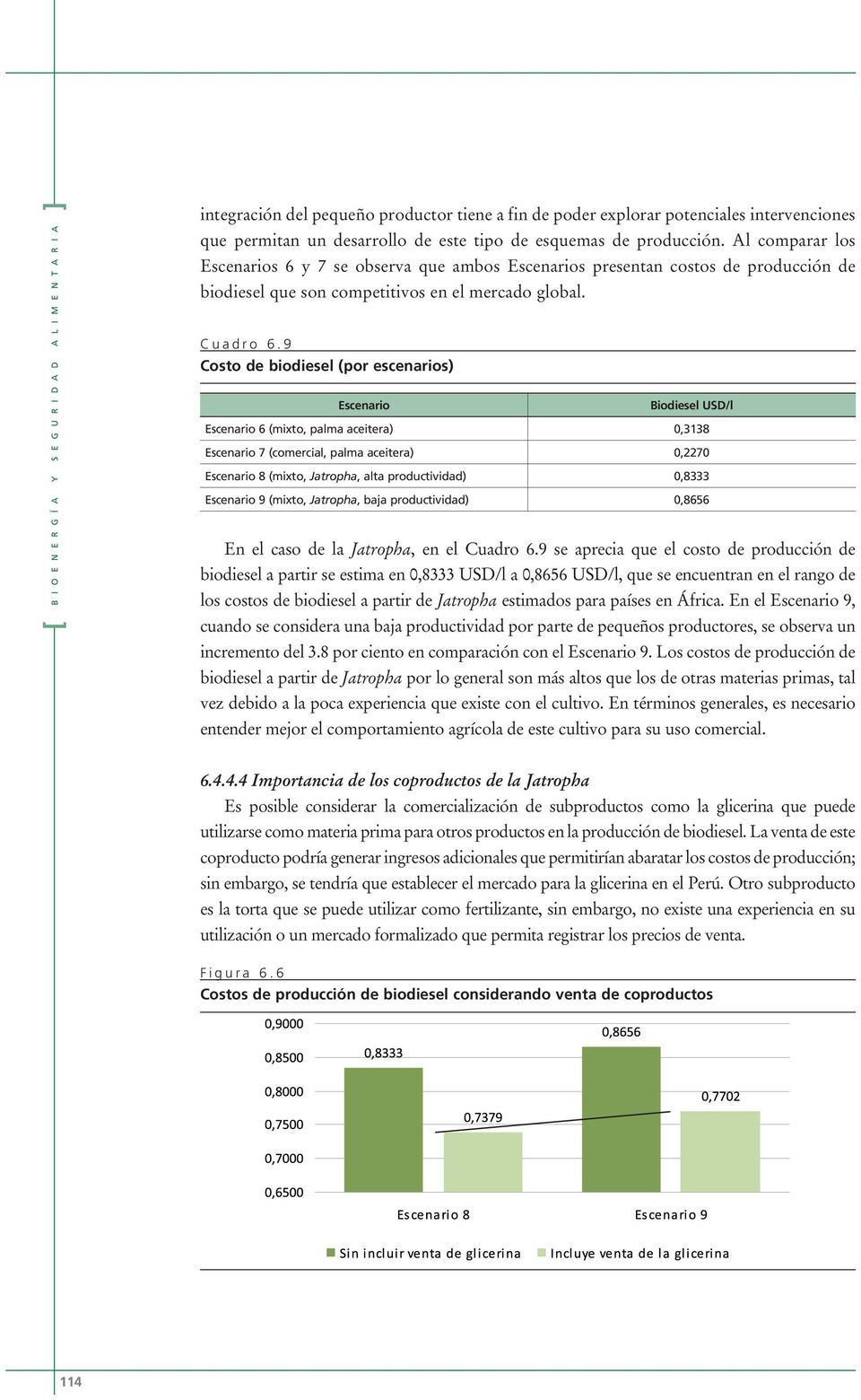 9 Costo de biodiesel (por escenarios) Escenario Biodiesel USD/l Escenario 6 (mixto, palma aceitera) 0,3138 Escenario 7 (comercial, palma aceitera) 0,2270 Escenario 8 (mixto, Jatropha, alta
