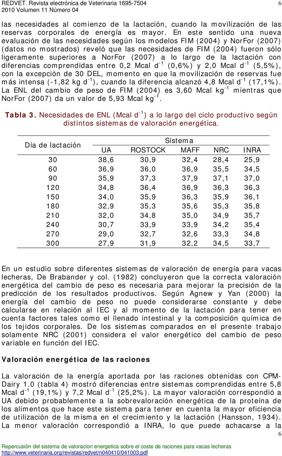 NorFor (2007) a lo largo de la lactación con diferencias comprendidas entre 0,2 Mcal d -1 (0,6%) y 2,0 Mcal d -1 (5,5%), con la excepción de 30 DEL, momento en que la movilización de reservas fue más