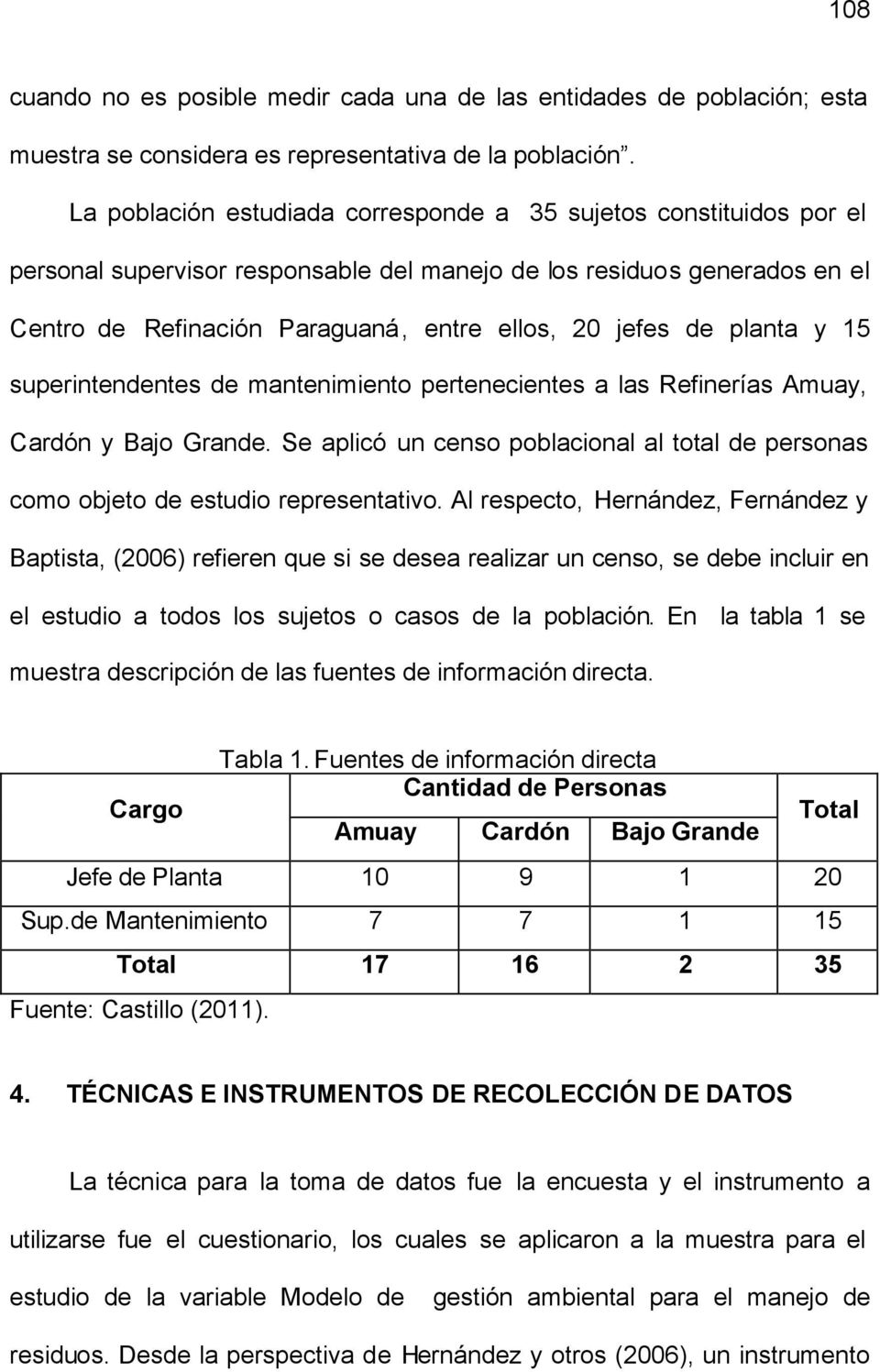 planta y 15 superintendentes de mantenimiento pertenecientes a las Refinerías Amuay, Cardón y Bajo Grande. Se aplicó un censo poblacional al total de personas como objeto de estudio representativo.