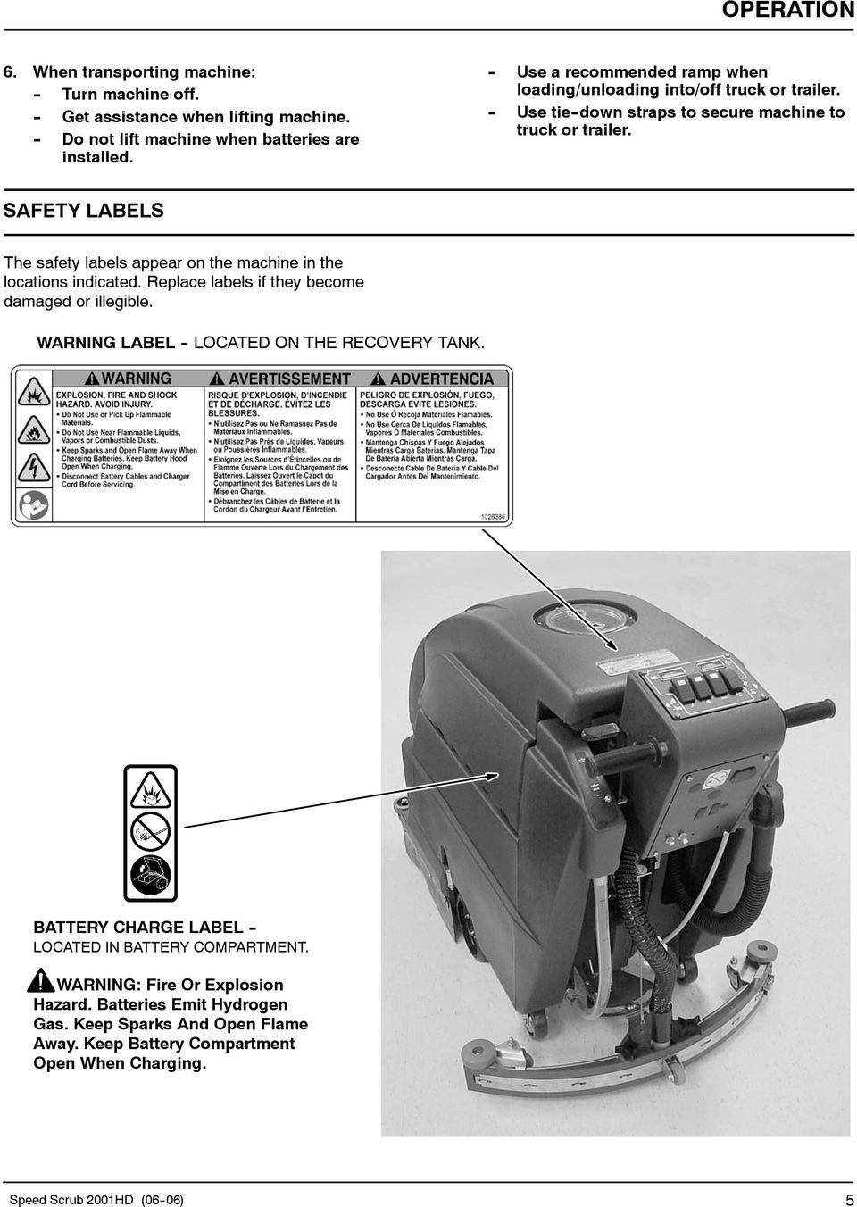 SAFETY LABELS The safety labels appear on the machine in the locations indicated. Replace labels if they become damaged or illegible.
