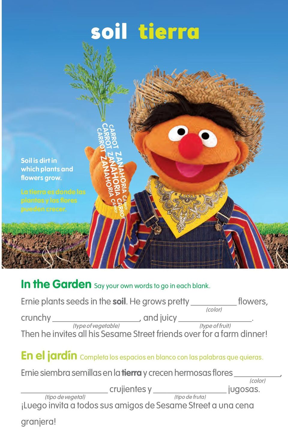 He grows pretty flowers, crunchy, and juicy. Then he invites all his Sesame Street friends over for a farm dinner!