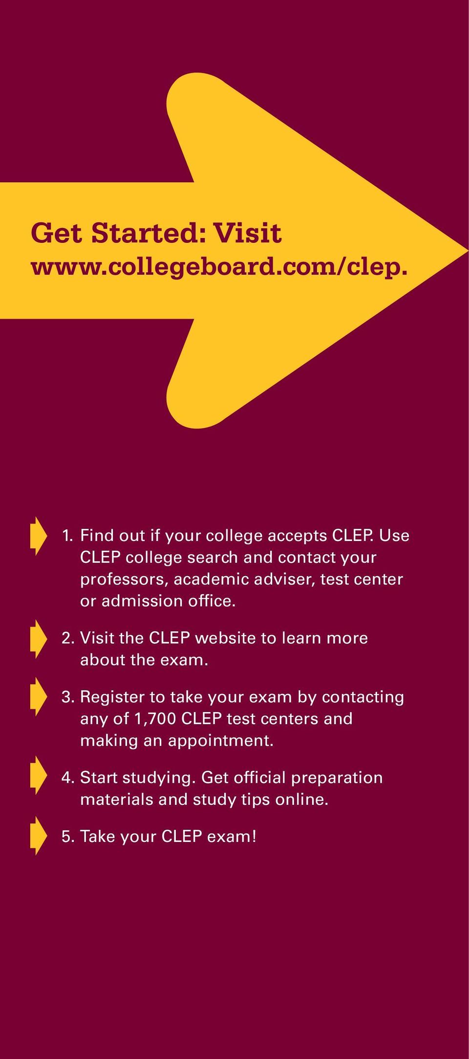 Visit the CLEP website to learn more about the exam. 3.