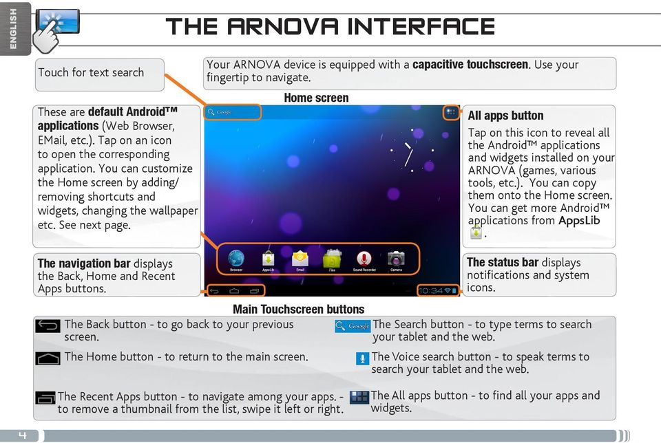 The Home button - to return to the main screen. Your ARNOVA device is equipped with a capacitive touchscreen. Use your fingertip to navigate.