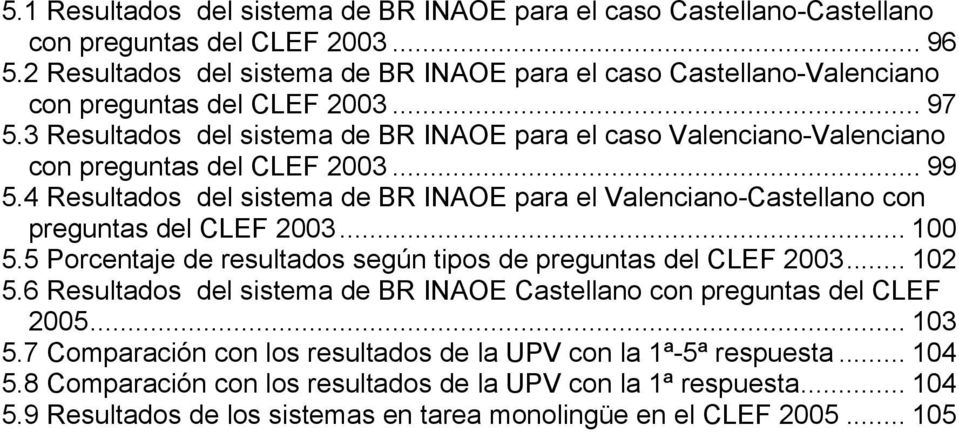 3 Resultados del sistema de BR INAOE para el caso Valenciano-Valenciano con preguntas del CLEF 2003... 99 5.