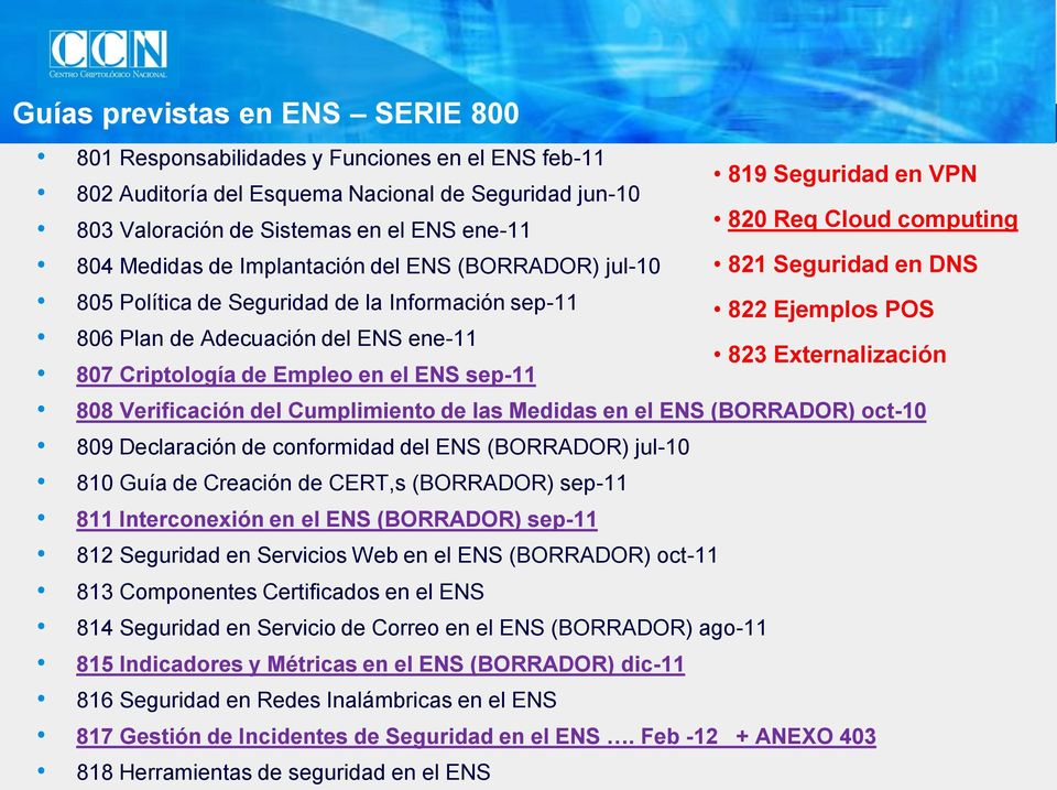 del ENS ene-11 823 Externalización 807 Criptología de Empleo en el ENS sep-11 808 Verificación del Cumplimiento de las Medidas en el ENS (BORRADOR) oct-10 809 Declaración de conformidad del ENS