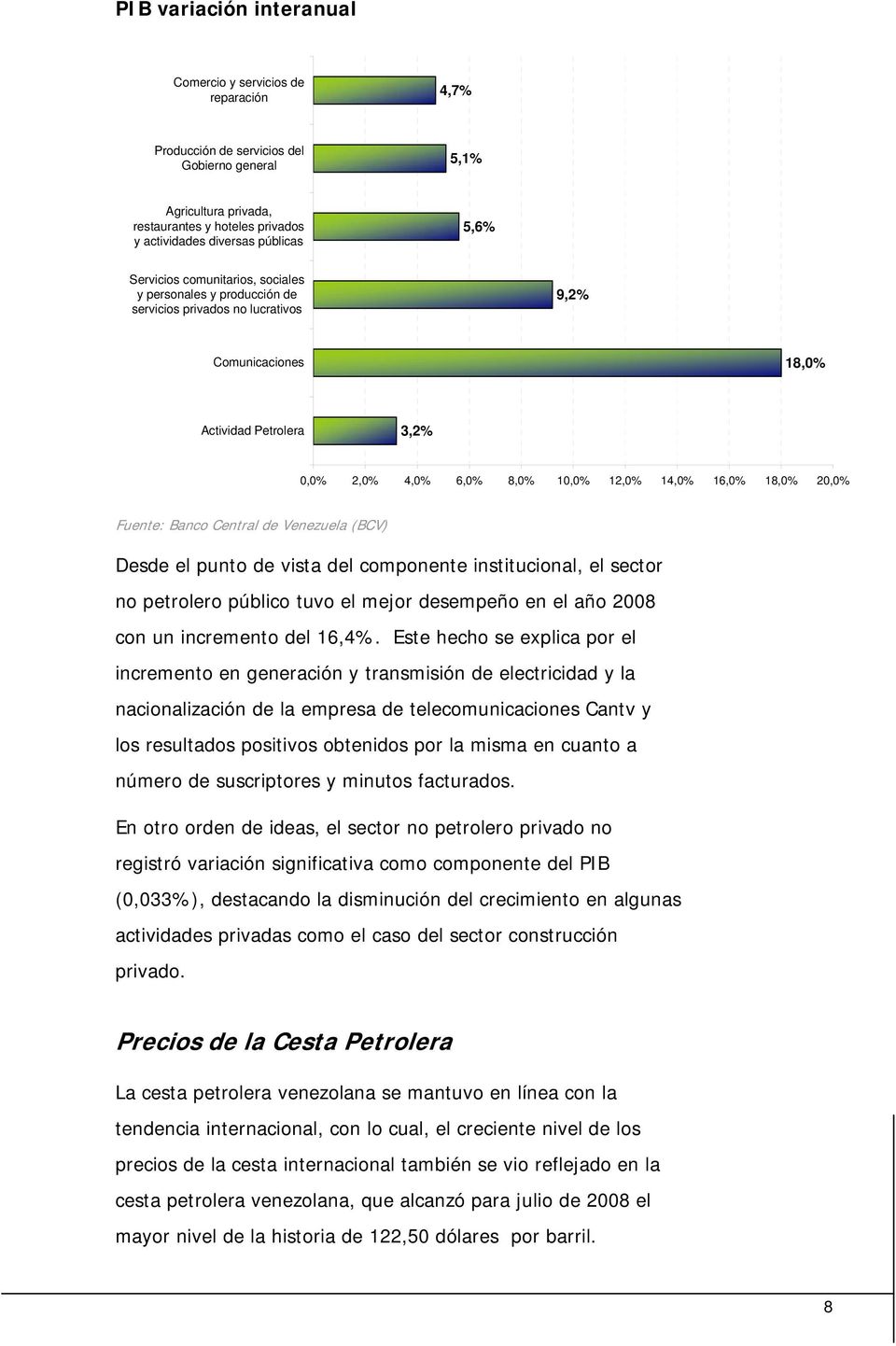 18,0% 20,0% Fuente: Banco Central de Venezuela (BCV) Desde el punto de vista del componente institucional, el sector no petrolero público tuvo el mejor desempeño en el año 2008 con un incremento del