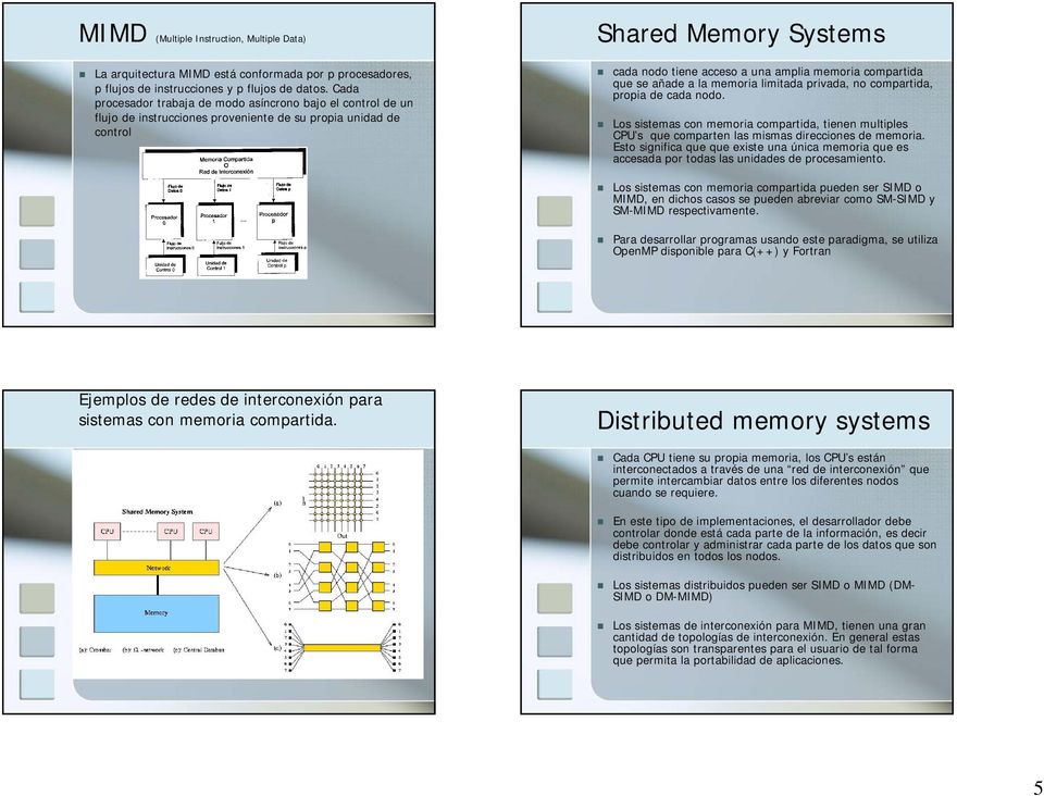 compartida que se añade a la memoria limitada privada, no compartida, propia de cada nodo. Los sistemas con memoria compartida, tienen multiples CPU s que comparten las mismas direcciones de memoria.