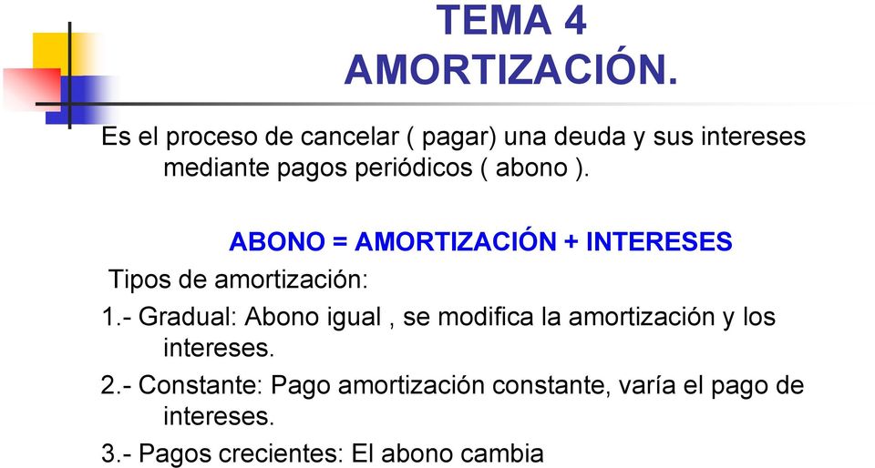 abono ). ABONO = AMORTIZACIÓN + INTERESES Tipos de amortización: 1.