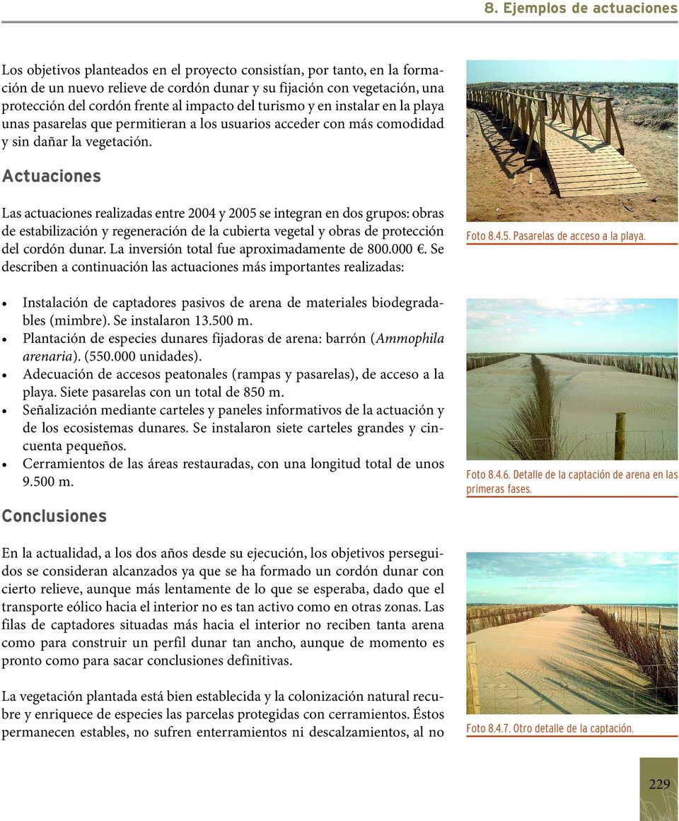 Actuaciones Las actuaciones realizadas entre 2004 y 2005 se integran en dos grupos: obras de estabilización y regeneración de la cubierta vegetal y obras de protección del cordón dunar.