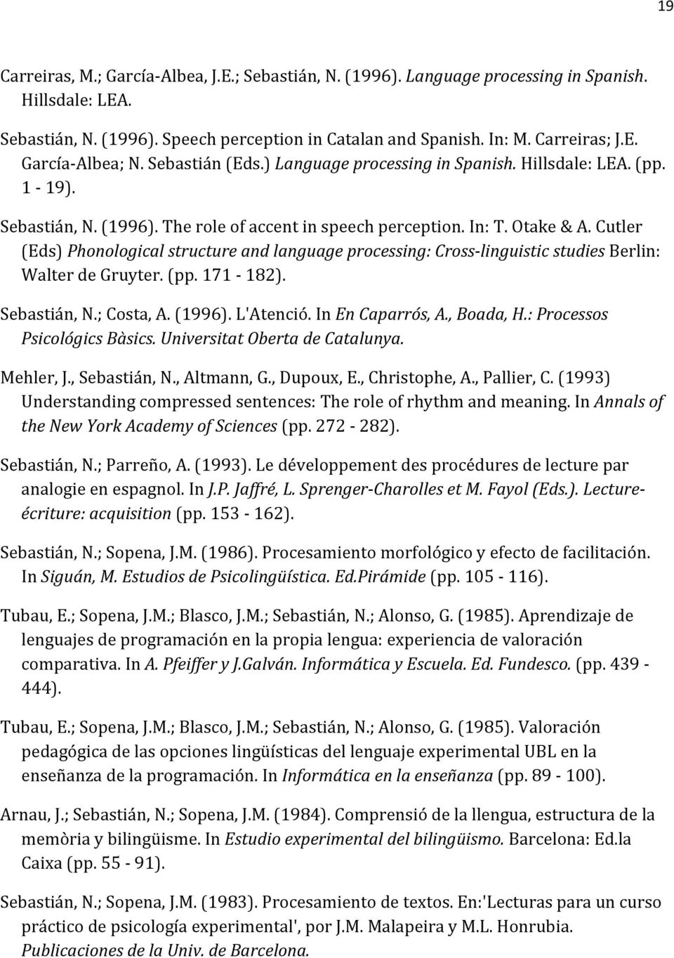 Cutler (Eds)Phonologicalstructureandlanguageprocessing:Cross[linguisticstudiesBerlin: WalterdeGruyter.(pp.171S182). Sebastián,N.;Costa,A.(1996).L'Atenció.InEnCaparrós,A.,Boada,H.
