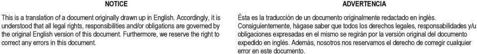 Furthermore, we reserve the right to correct any errors in this document. ADVERTENCIA Ésta es la traducción de un documento originalmente redactado en inglés.
