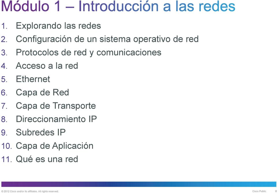 Capa de Red 7. Capa de Transporte 8. Direccionamiento IP 9. Subredes IP 10.