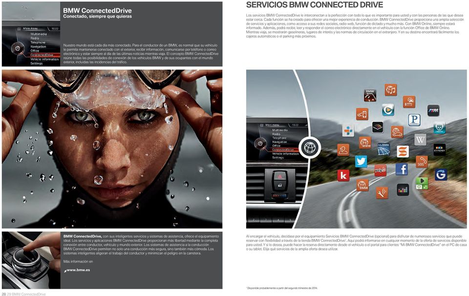 BMW ConnectedDrive proporciona una amplia selección de servicios y aplicaciones, como acceso a sus redes sociales, radio web, función de dictado y mucho más. Con BMW Online, siempre estará informado.