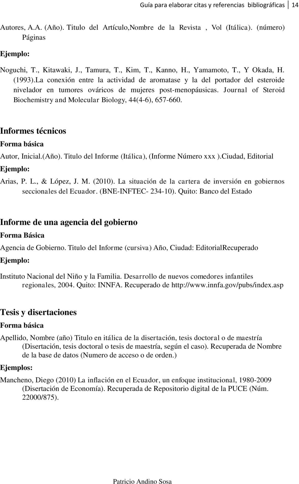 Journal of Steroid Biochemistry and Molecular Biology, 44(4-6), 657-660. Informes técnicos Autor, Inicial.(Año). Titulo del Informe (Itálica), (Informe Número xxx ).Ciudad, Editorial Arias, P. L.