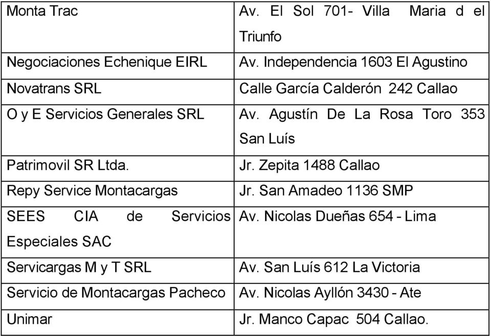 Agustín De La Rosa Toro 353 San Luís Patrimovil SR Ltda. Jr. Zepita 1488 Callao Repy Service Montacargas Jr.