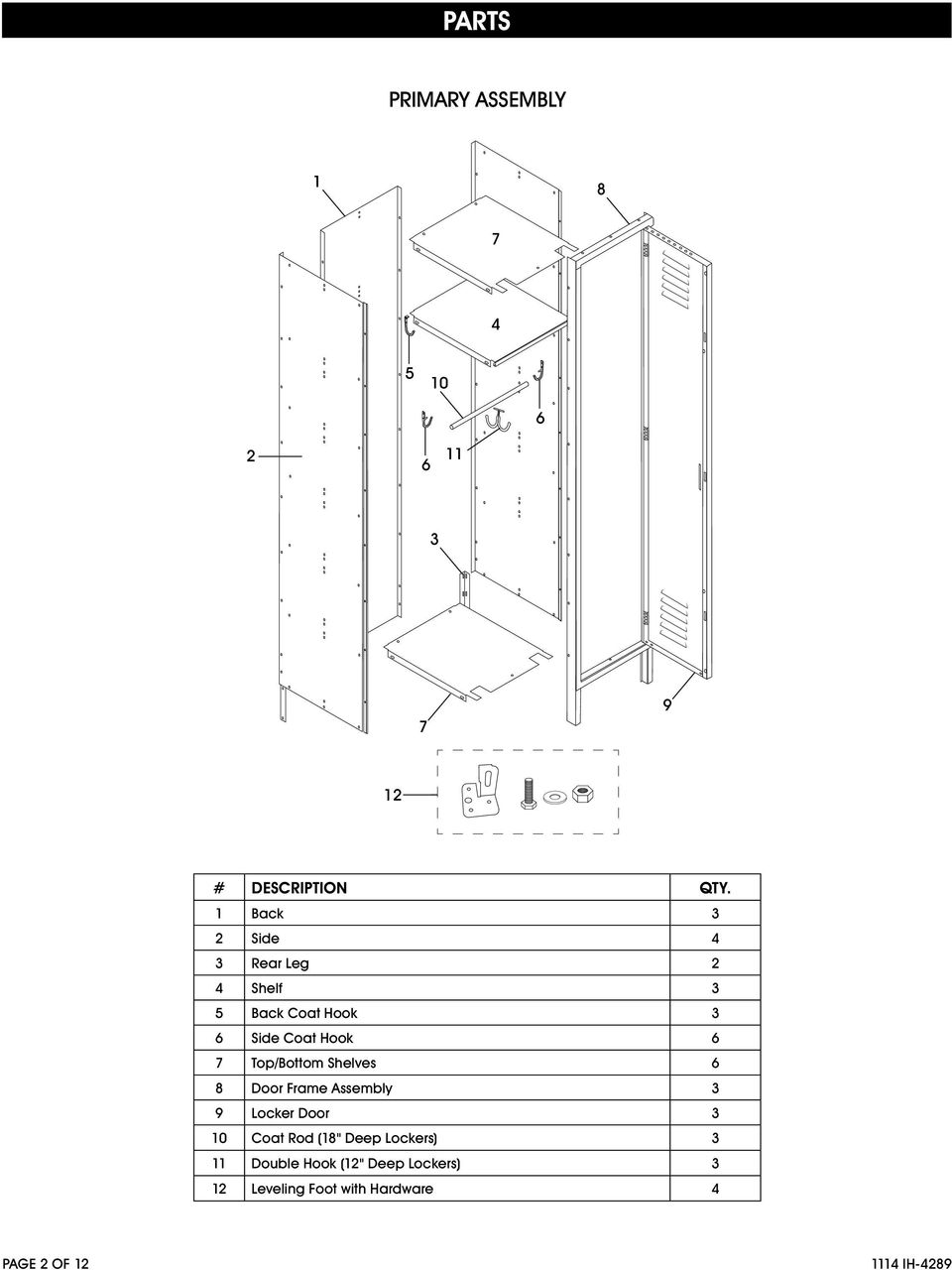 Shelves 8 Door Frame Assembly 9 Locker Door 10 Coat Rod (18" Deep