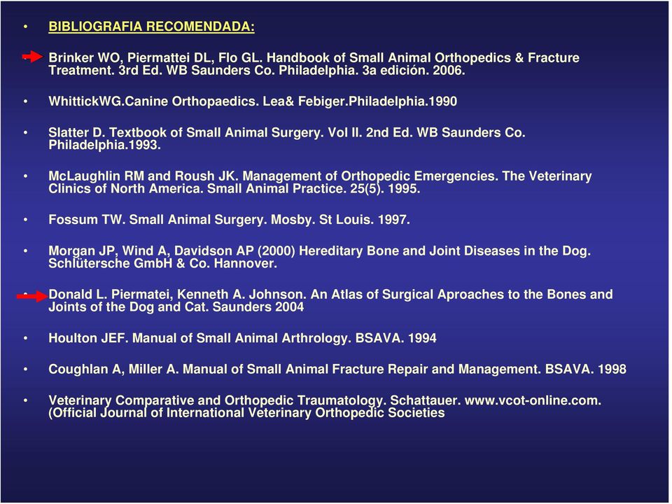 Management of Orthopedic Emergencies. The Veterinary Clinics of North America. Small Animal Practice. 25(5). 1995. Fossum TW. Small Animal Surgery. Mosby. St Louis. 1997.