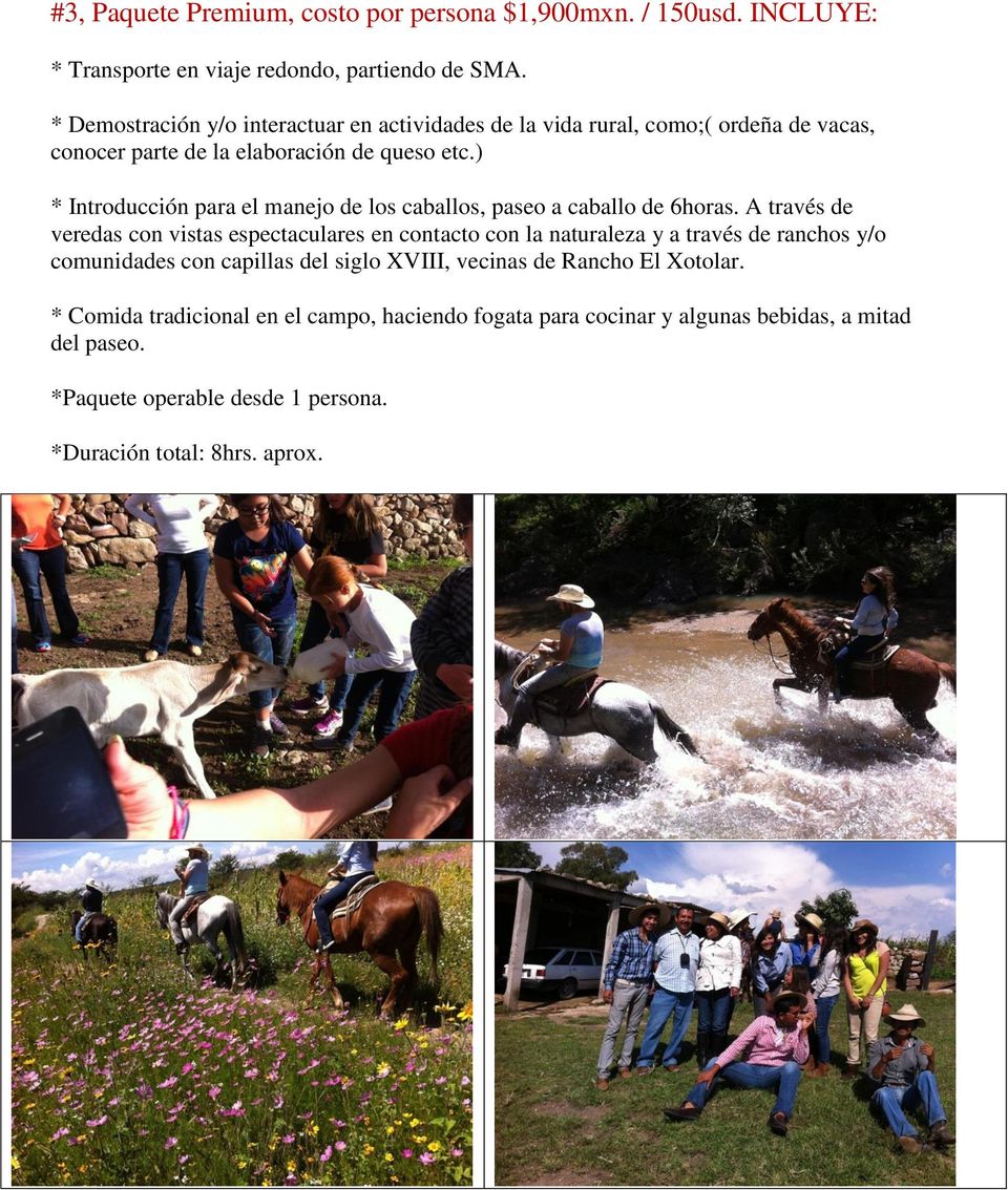 ) * Introducción para el manejo de los caballos, paseo a caballo de 6horas.