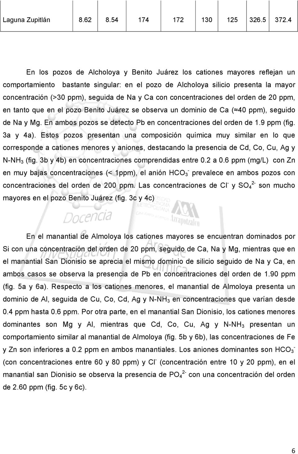 y Ca con concentraciones del orden de 20 ppm, en tanto que en el pozo Benito Juárez se observa un dominio de Ca ( 40 ppm), seguido de Na y Mg.