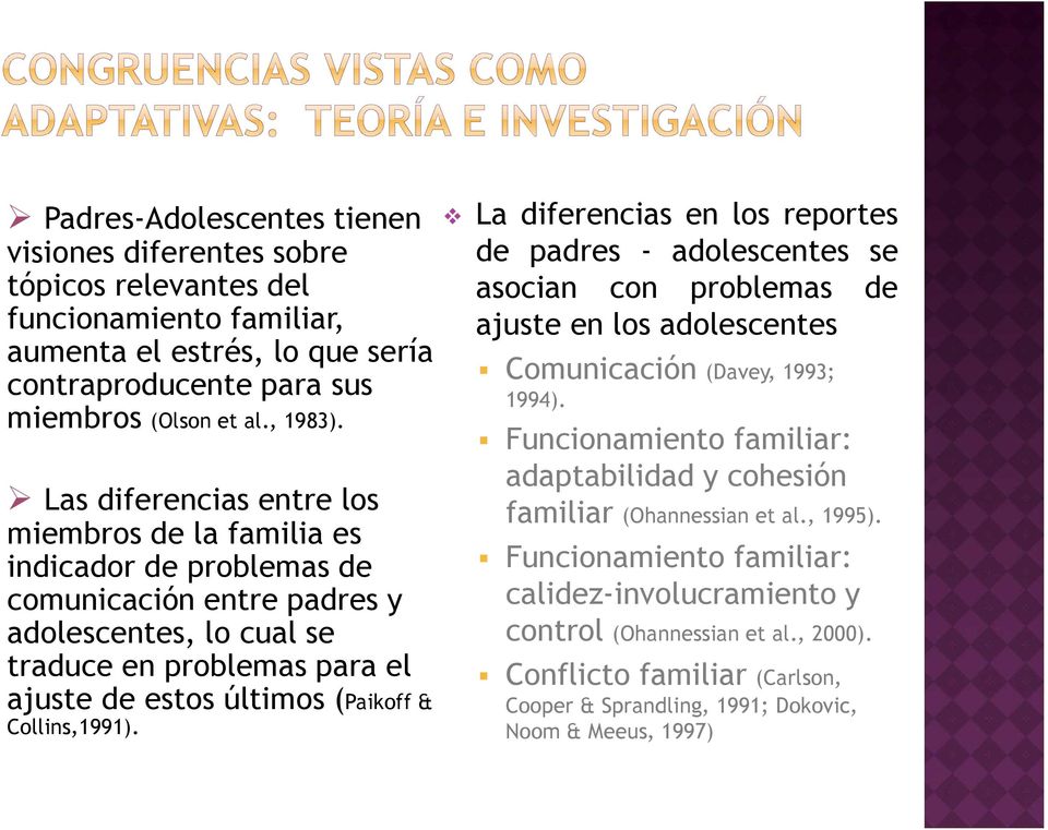 Collins,1991). La diferencias en los reportes de padres - adolescentes se asocian con problemas de ajuste en los adolescentes Comunicación (Davey, 1993; 1994).