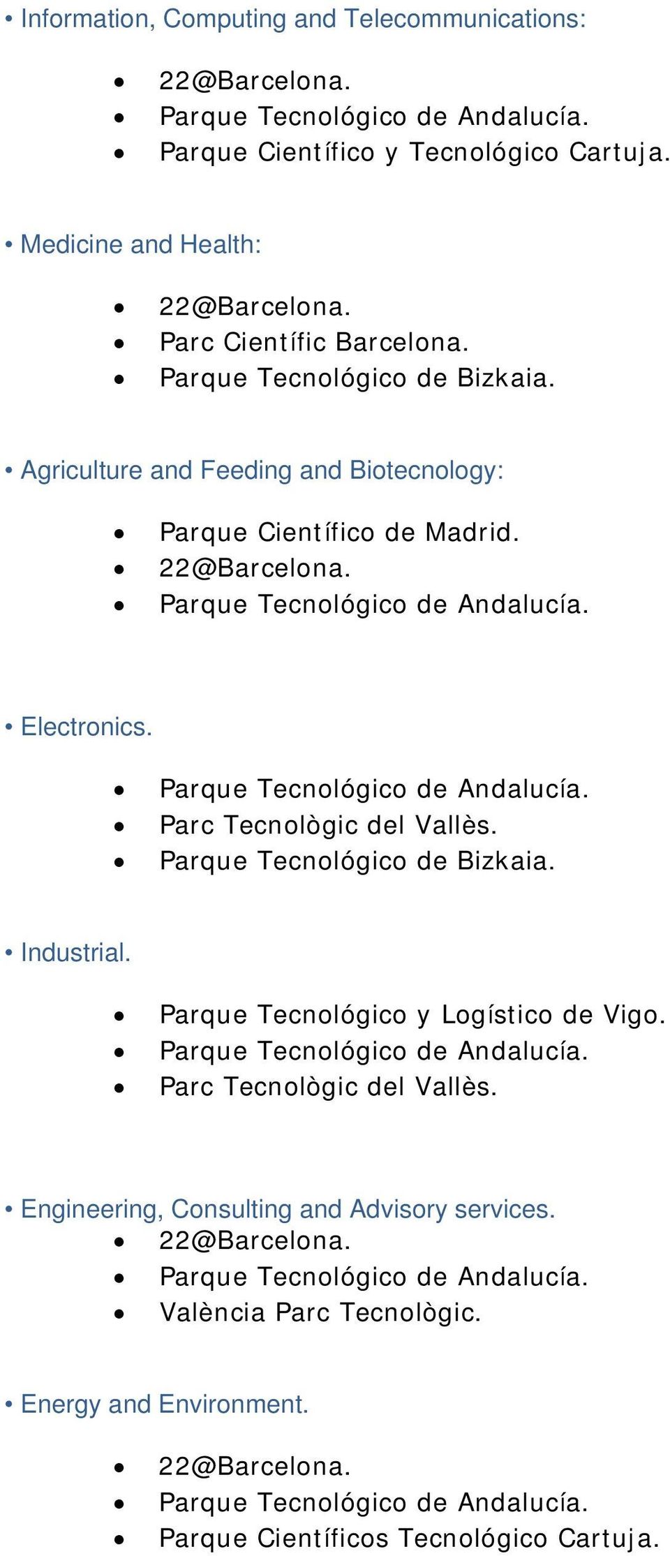 Parque Tecnológico de Bizkaia. Industrial. Parque Tecnológico y Logístico de Vigo. Parque Tecnológico de Andalucía. Parc Tecnològic del Vallès. Engineering, Consulting and Advisory services.