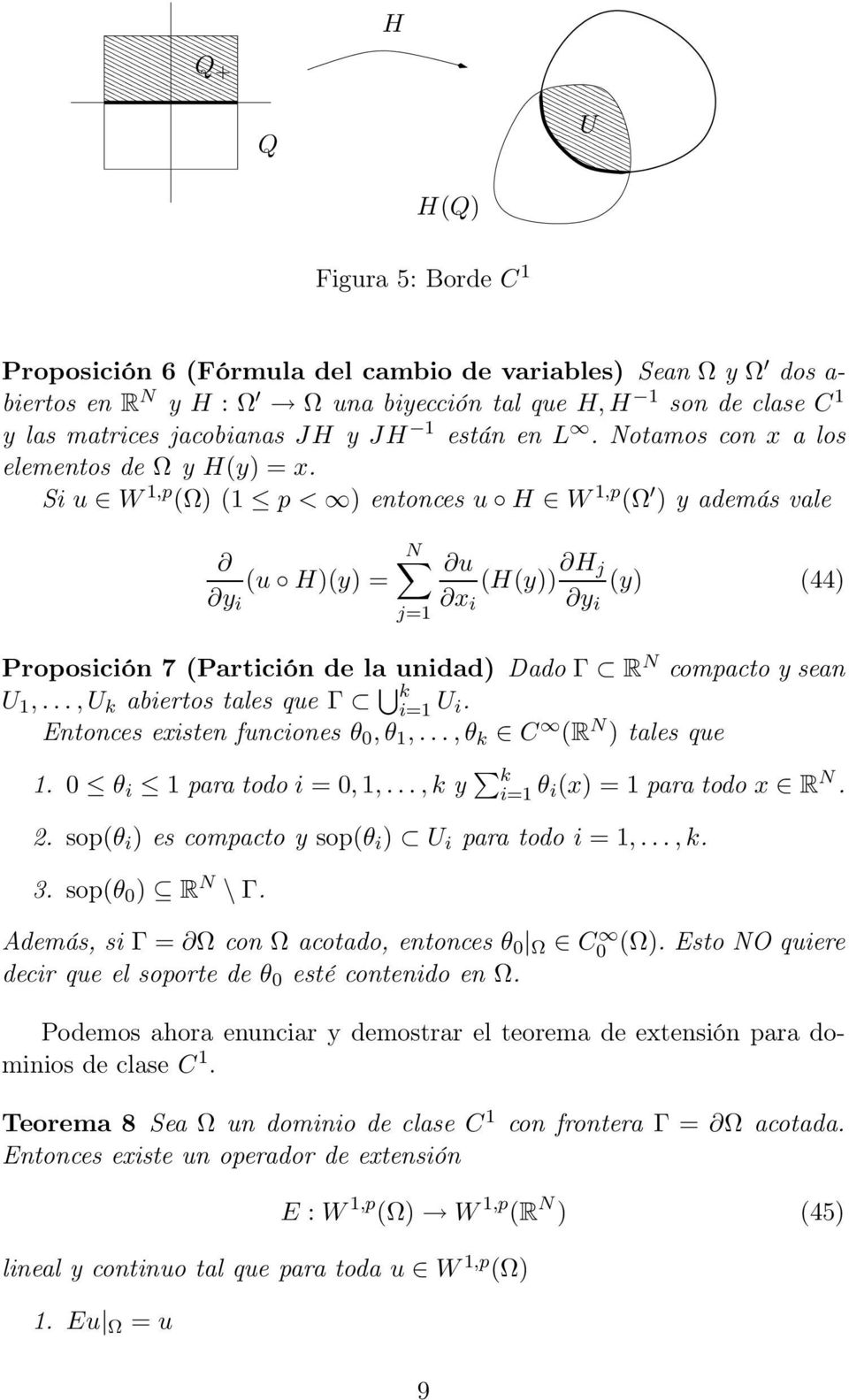 Si u W 1,p (Ω) (1 p < ) entonces u H W 1,p (Ω ) y además vale y i (u H)(y) = N j=1 (H(y)) H j y i (y) (44) Proposición 7 (Partición de la unidad) Dado Γ R N compacto y sean U 1,.