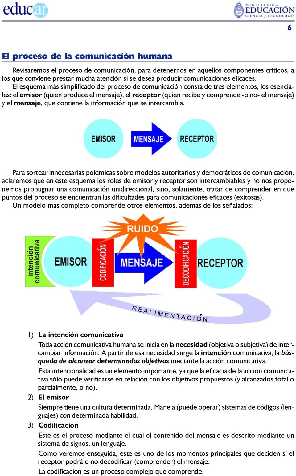 El esquema más simplificado del proceso de comunicación consta de tres elementos, los esenciales: el emisor (quien produce el mensaje), el receptor (quien recibe y comprende -o no- el mensaje) y el