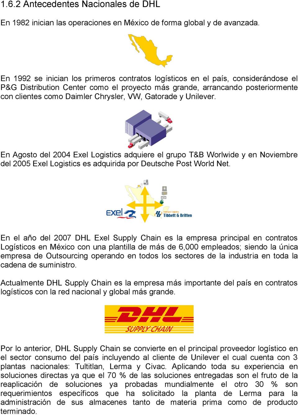 VW, Gatorade y Unilever. En Agosto del 2004 Exel Logistics adquiere el grupo T&B Worlwide y en Noviembre del 2005 Exel Logistics es adquirida por Deutsche Post World Net.