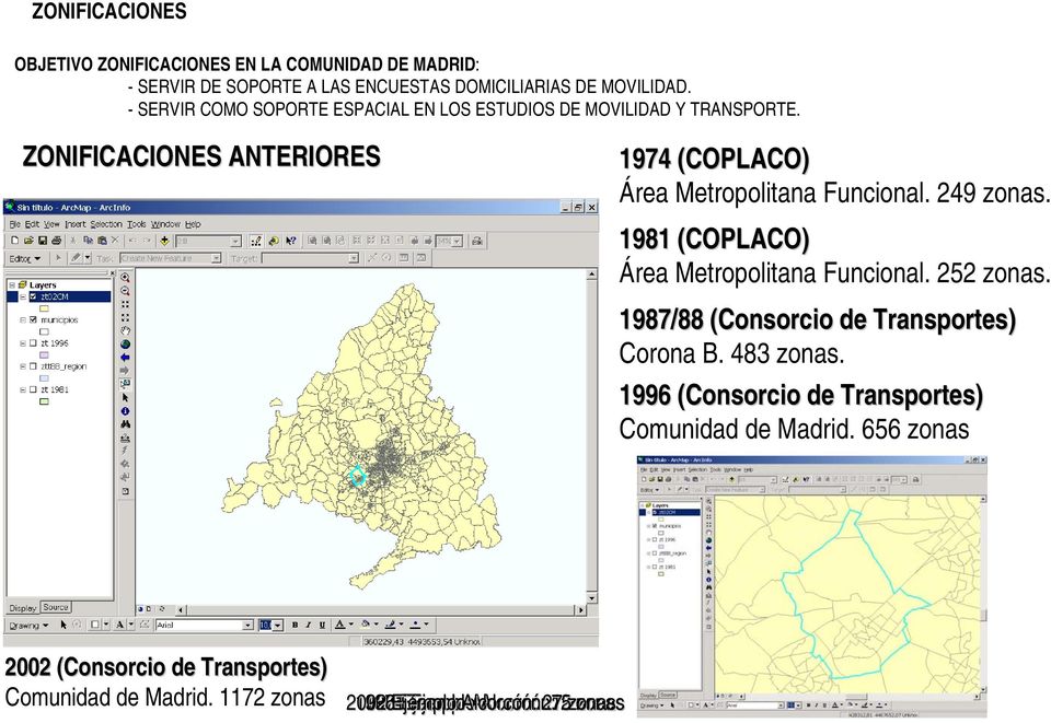 1981 (COPLACO) Área Metropolitana Funcional. 252 zonas. 1987/88 (Consorcio de Transportes) Corona B. 483 zonas.