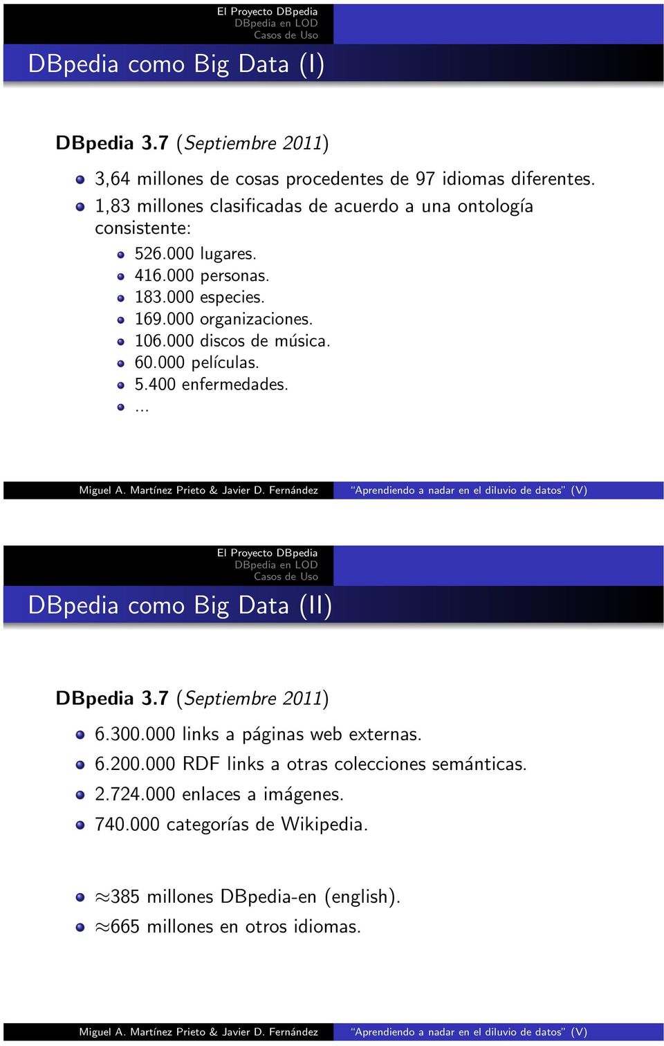 000 discos de música. 60.000 peĺıculas. 5.400 enfermedades.... DBpedia como Big Data (II) DBpedia 3.7 (Septiembre 2011) 6.300.